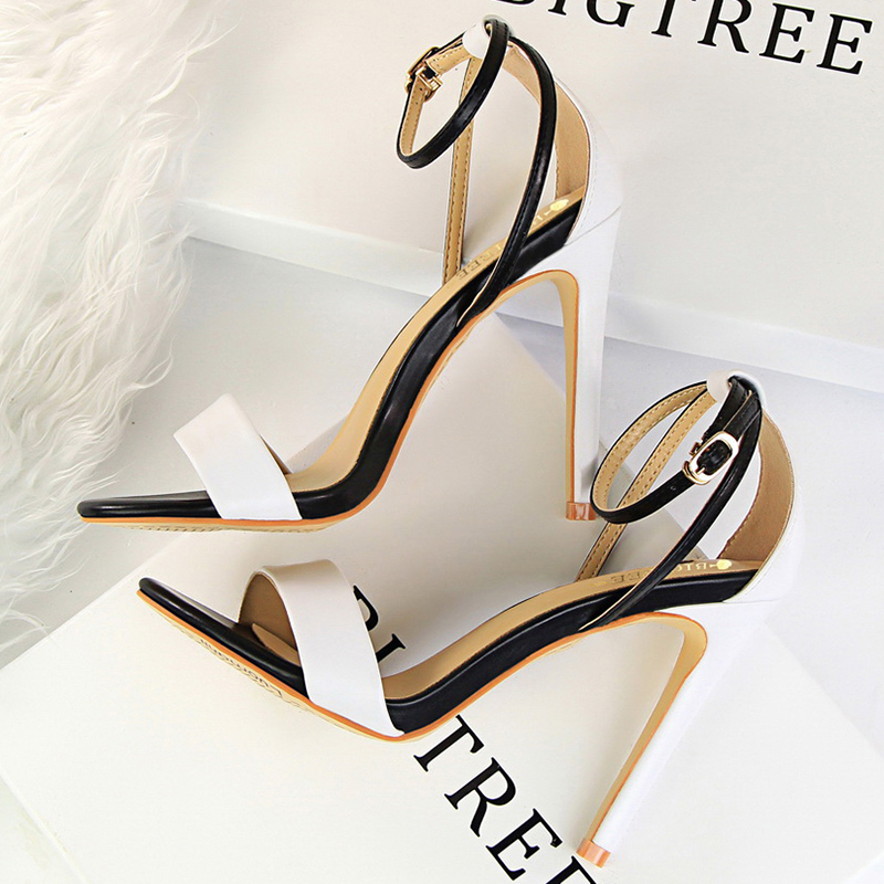 Ankle Strap Attachment - Women Black-White Concise Leather 11cm High